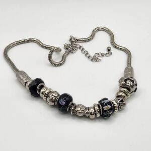 Silver and Black Beaded Necklace with Adjustable Silver Chain‎